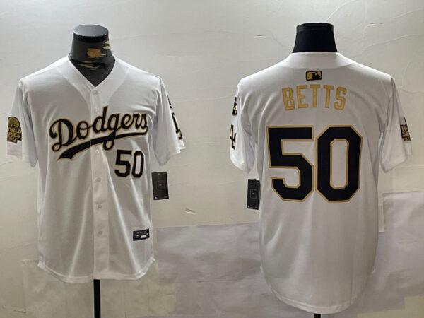 men's los angeles dodgers #50 mookie betts white gold 2024 world series with fernando memorial patch limited stitched baseball jersey