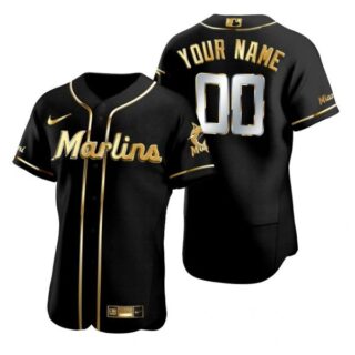 Men's Custom Miami Marlins Flex Base Jersey Black Golden