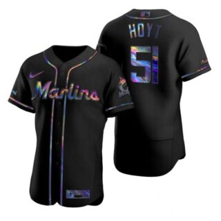 Men's James Hoyt Miami Marlins Flex Base Jersey Black Holographic