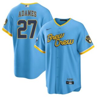 Men's Cool Base Milwaukee Brewers Willy Adames Brew Crew City Connect Powder Blue Stitched Jersey