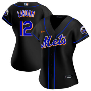 Women New York Mets Francisco Lindor Black Throwback Jersey - Stitched