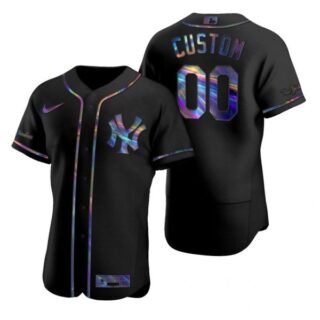 Men's Custom New York Yankees Flex Base Jersey Black Holographic