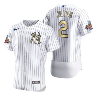 Men's Derek Jeter New York Yankees Flex Base Jersey White Gold WS