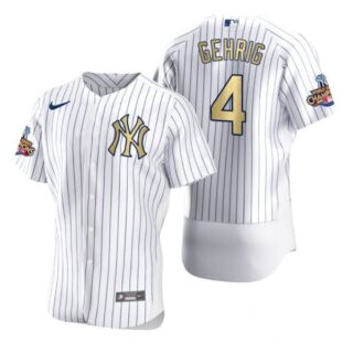 Men's Lou Gehrig New York Yankees Flex Base Jersey White Gold WS