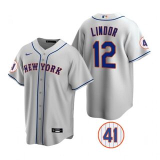 Men's #12 Francisco Lindor New York Mets White Jersey Cool Base Gray