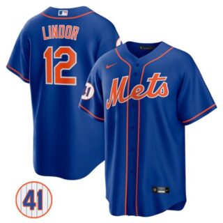 Men's #12 Francisco Lindor New York Mets White Jersey Cool Base Royal