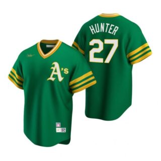 Men's #27 Catfish Hunter Oakland Athletics Green Cooperstown Jersey Green Cooperstown