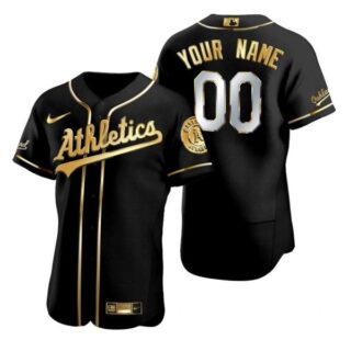 Men's Custom Oakland Athletics Flex Base Jersey Black Golden
