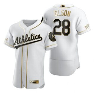 Men's #28 Matt Olson Oakland Athletics Flex Base Jersey White Golden