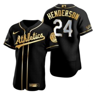 Men's #24 Rickey Henderson Oakland Athletics Flex Base Jersey Black Golden