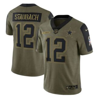 Men's #12 Roger Staubach Dallas Cowboys Olive 2021 Salute To Service Limited Jersey