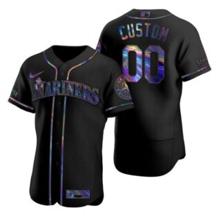 Men's Custom Seattle Mariners Flex Base Jersey Aqua Black Holographic