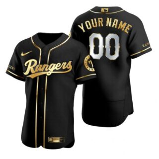 Men's Custom Texas Rangers Flex Base Jersey Black Holographic Black Golden