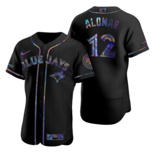 Men's Roberto Alomar Toronto Blue Jays Flex Base Jersey Powder Blue Black Holographic