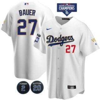 Men's Los Angeles Dodgers Trevor Bauer Jersey World Series Champions Special Edition White Gold
