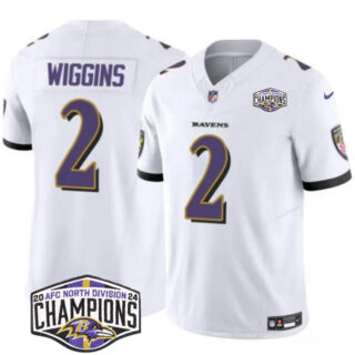 Men's Baltimore Ravens #2 Nate Wiggins White F.U.S.E 2024 AFC North Division Champions Vapor Limited Football Jersey