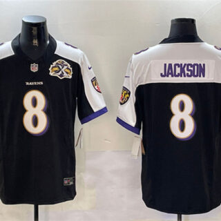 Men's Baltimore Ravens #8 Lamar Jackson Black White 2023 F.U.S.E With Patch Throwback Vapor Limited Jersey