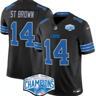 Men's Detroit Lions #14 Amon-Ra St. Brown Black 2024 NFC North Champions F.U.S.E. Vapor Limited Stitched Jersey