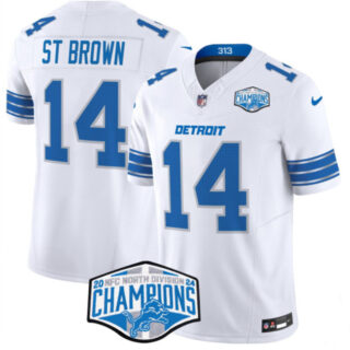 Men's Detroit Lions #14 Amon-Ra St. Brown White 2024 NFC North Champions F.U.S.E. Vapor Limited Stitched Jersey