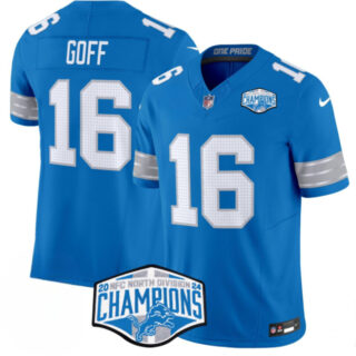 Men's Detroit Lions #16 Jared Goff Blue 2024 NFC North Champions F.U.S.E. Vapor Limited Stitched Jersey