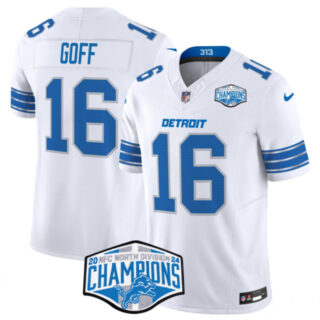 Men's Detroit Lions #16 Jared Goff White 2024 NFC North Champions F.U.S.E. Vapor Limited Stitched Jersey
