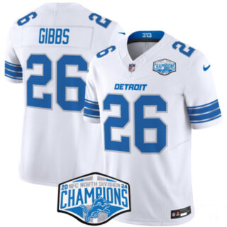 Men's Detroit Lions #26 Jahmyr Gibbs White 2024 NFC North Champions F.U.S.E. Vapor Limited Stitched Jersey