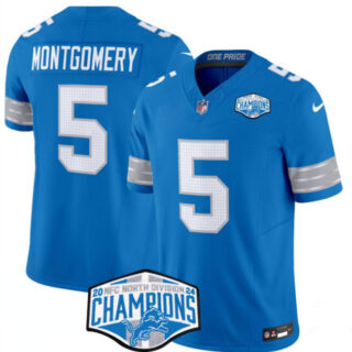 Men's Detroit Lions #5 David Montgomery Blue 2024 NFC North Champions F.U.S.E. Vapor Limited Stitched Jersey
