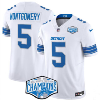 Men's Detroit Lions #5 David Montgomery White 2024 NFC North Champions F.U.S.E. Vapor Limited Stitched Jersey