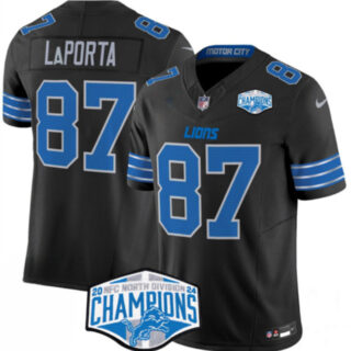 Men's Detroit Lions #87 Sam LaPorta Black 2024 NFC North Champions F.U.S.E. Vapor Limited Stitched Jersey
