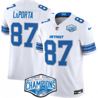 Men's Detroit Lions #87 Sam LaPorta White 2024 NFC North Champions F.U.S.E. Vapor Limited Stitched Jersey