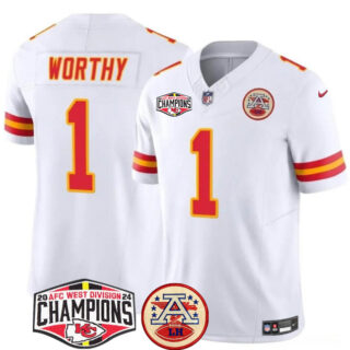 Men's Kansas City Chiefs #1 Xavier Worthy White F.U.S.E. 2024 AFC West Division Champions Vapor Limited Stitched Football Jersey