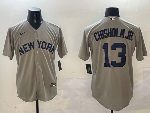 Men's New York Yankees #13 Jazz Chisholm Jr. Grey Cool Base Stitched Baseball Jersey