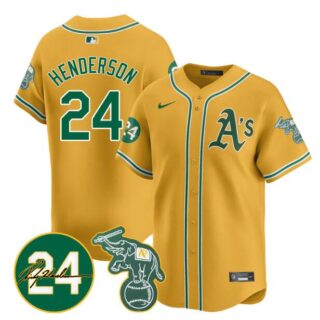 Men's Oakland Athletics #24 Ricky Henderson Yellow 2024 Limited With Patch Stitched Jersey