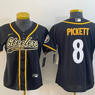Women's Pittsburgh Steelers #8 Kenny Pickett Black With Patch Cool Base Stitched Baseball Jersey(Run Small)
