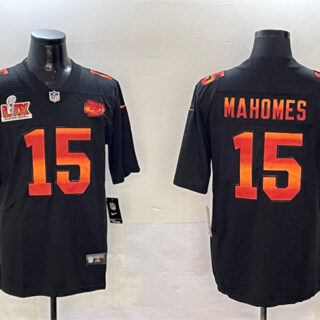 Men's Kansas City Chiefs #15 Patrick Mahomes Black 2025 Super Bowl LIX Patch Fashion Vapor Limited Stitched Football Jersey