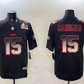 Men's Kansas City Chiefs #15 Patrick Mahomes Black 2025 Super Bowl LIX Patch Smoke Fashion Vapor Limited Stitched Football Jersey