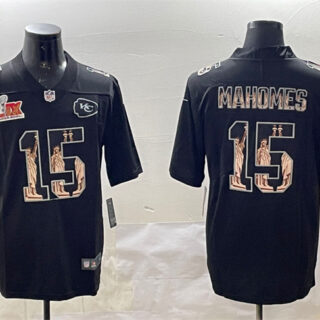 Men's Kansas City Chiefs #15 Patrick Mahomes Black 2025 Super Bowl LIX Patch Statue Of Liberty Vapor Limited Stitched Football Jersey