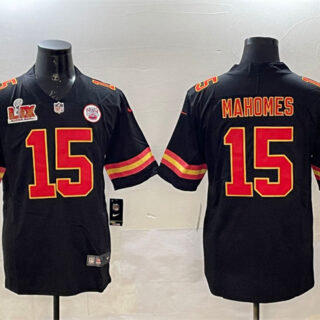 Men's Kansas City Chiefs #15 Patrick Mahomes Black 2025 Super Bowl LIX Patch Vapor Untouchable Limited Stitched Football Jersey