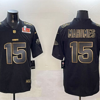 Men's Kansas City Chiefs #15 Patrick Mahomes Black Gold 2025 Super Bowl LIX Patch Vapor Limited Stitched Football Jersey