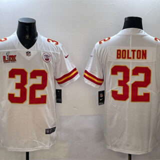 Men's Kansas City Chiefs #32 Nick Bolton White 2025 Super Bowl LIX Patch Vapor Untouchable Limited Stitched Football Jersey