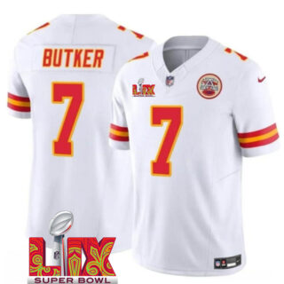 Men's Kansas City Chiefs #7 Harrison Butker White 2025 Super Bowl LIX Patch F.U.S.E. Vapor Limited Stitched Football Jersey