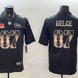 Men's Kansas City Chiefs #87 Travis Kelce Black 2025 Super Bowl LIX Patch Statue Of Liberty Vapor Limited Stitched Football Jersey