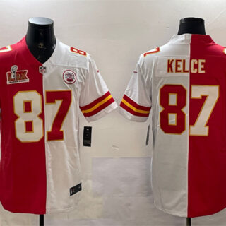 Men's Kansas City Chiefs #87 Travis Kelce Red & White Split 2025 Super Bowl LIX Patch Vapor Limited Stitched Football Jersey