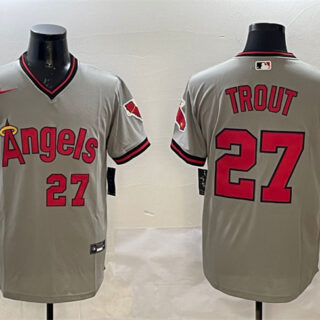 Men's Los Angeles Angels #27 Mike Trout Grey With Patch Stitched Baseball Jersey