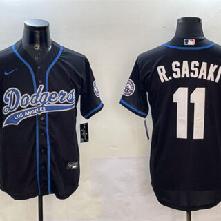 Men's Los Angeles Dodgers #11 Roki Sasaki Black With Patch Cool Base Stitched Baseball Jersey