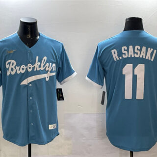 Men's Los Angeles Dodgers #11 Roki Sasaki Blue Throwback Stitched Baseball Jersey