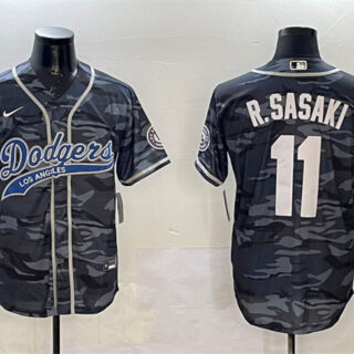 Men's Los Angeles Dodgers #11 Roki Sasaki Grey Camo With Patch Cool Base Stitched Baseball Jersey