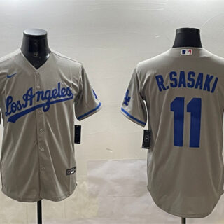 Men's Los Angeles Dodgers #11 Roki Sasaki Grey Cool Base Stitched Baseball Jersey 1
