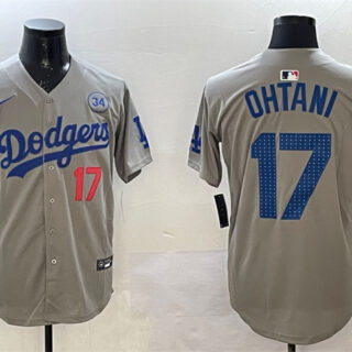 Men's Los Angeles Dodgers #17 Shohei Ohtani Grey 2024 World Series With No. 34 Patch Limited Stitched Baseball Jersey