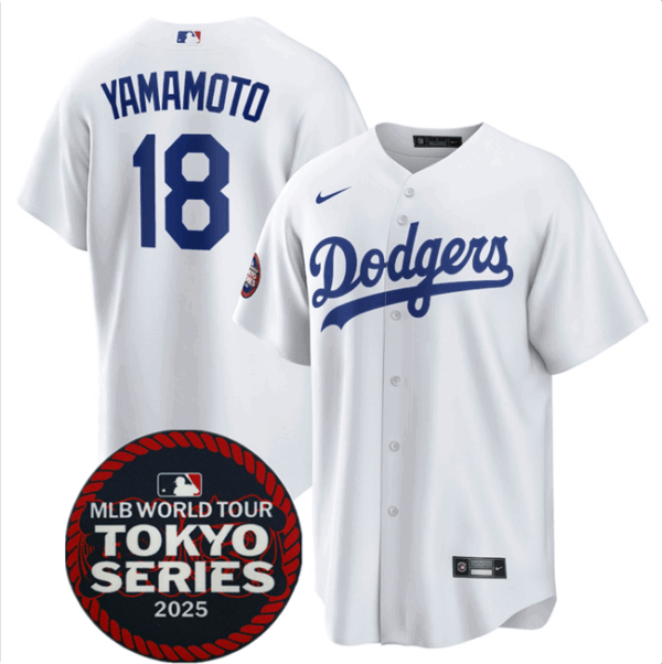 Men's Los Angeles Dodgers #18 Yoshinobu Yamamoto White 2025 World Tour Tokyo Series Home Stitched Baseball Jersey